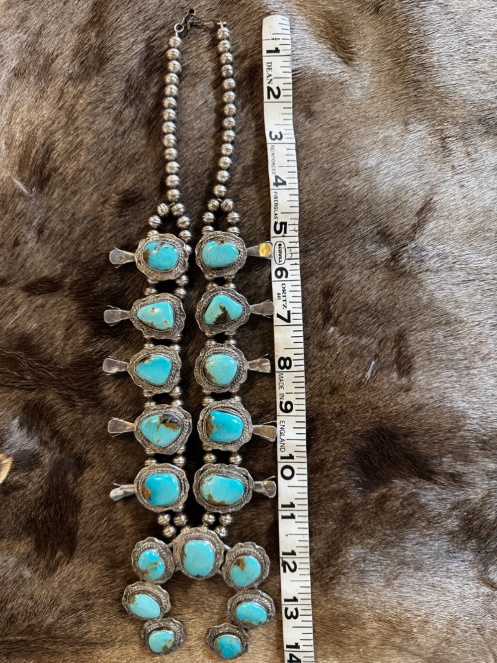 Genuine Turquoise and Sterling Silver Bench Beaded Squash Blossom and Naja Pend - Picture 4 of 4